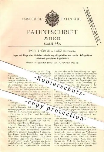 original Patent - Paul Thömke in Lodz , Russland , 1899 , Lager mit Ring - Schmierung , Öl , Maschinen , Lager ,  Motor