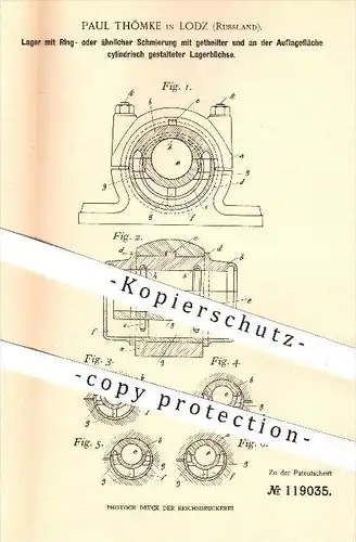 original Patent - Paul Thömke in Lodz , Russland , 1899 , Lager mit Ring - Schmierung , Öl , Maschinen , Lager ,  Motor