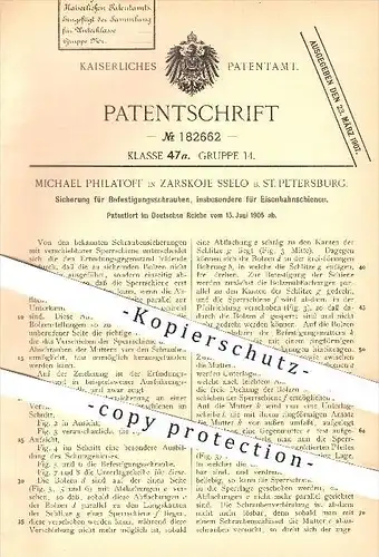 original Patent - Michael Philatoff in Zarskoje Sselo bei St. Petersburg , 1905 , Sicherung für Befestigungsschrauben !!