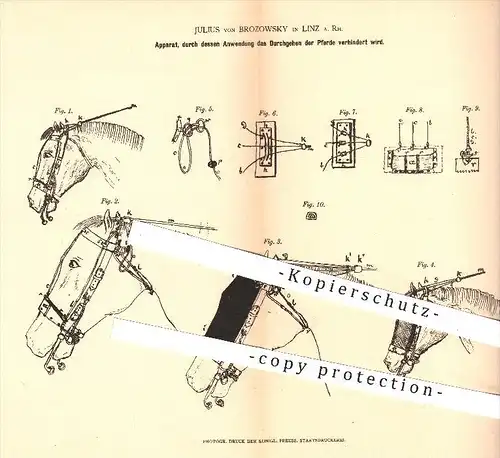 original Patent - Julius von Brozowsky , Linz , 1878 , Verhindern des Durchgehens der Pferde , Pferd , Pferdegeschirr !!