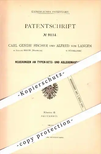 original Patent - C.F.  Fischer in Schloss Holte b. Bielefeld ,1878 , Alfred von Langen in Düsseldorf , Druckerei !!!