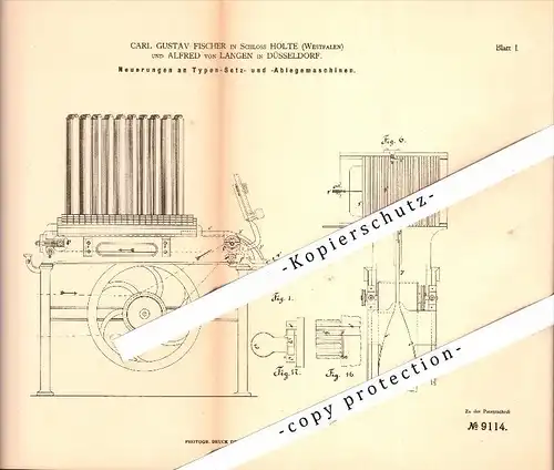 original Patent - C.F.  Fischer in Schloss Holte b. Bielefeld ,1878 , Alfred von Langen in Düsseldorf , Druckerei !!!