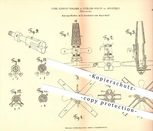 original Patent - Carl Gustav Fischer in Schloss Holte , Bielefeld , 1878 , Abzapfhahn mit drehbarem Auslauf , Zapfhahn