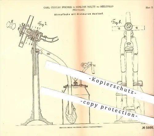original Patent - Carl Gustav Fischer in Schloss Holte , Bielefeld , 1878 , Abzapfhahn mit drehbarem Auslauf , Zapfhahn