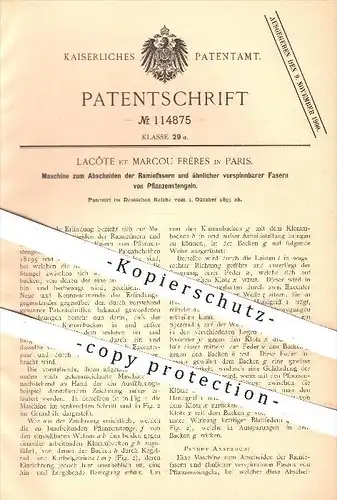 original Patent - Lacôte et Marcou Frères , Paris , 1899 , Abschneiden der verspinnbaren Fasern von Pflanzen , Spinnerei