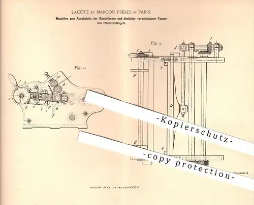 original Patent - Lacôte et Marcou Frères , Paris , 1899 , Abschneiden der verspinnbaren Fasern von Pflanzen , Spinnerei