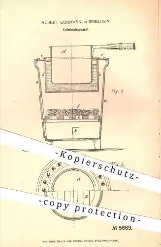 original Patent - Albert Lohmann in Iserlohn , 1878 , Leimkochapparat , Leim , Kocher , Kochen , Kessel , Ofen , Öfen !!