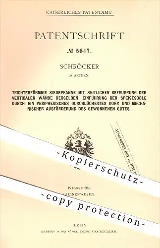 original Patent - Schröcker in Artern , Trichterförmige Siedepfanne mit seilicher Befeuerung , Pfanne , Pfannen !!