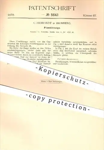 original Patent - C. Fiebrandt in Bromberg , 1878 , Plombierzange , Zange , Zangen , Plombieren , Plombe , Werkzeug !!