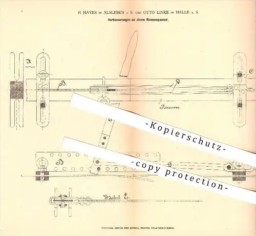 original Patent - H. Hayes in Alsleben und Otto Linke in Halle an der Saale , 1878 , Riemenspanner , Riemen , Werkzeug