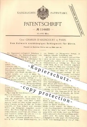 original Patent - Graf Charles D'arlincourt in Paris , Darlincourt , 1900 , Schlagwerk für Uhren , Uhr , Uhrwerk !!!