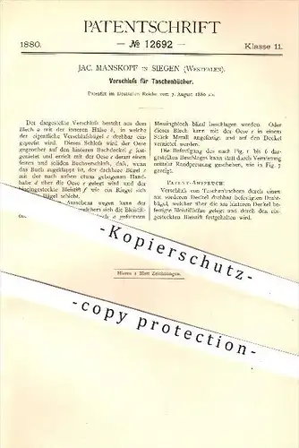 original Patent - Jac. Manskopf in Siegen , 1880 , Verschluss für Taschenbücher , Buch , Bücher , Schloss , Buchbinderei