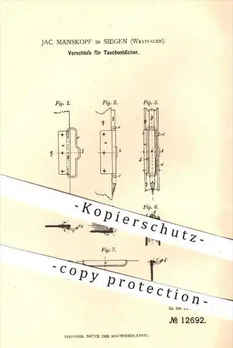 original Patent - Jac. Manskopf in Siegen , 1880 , Verschluss für Taschenbücher , Buch , Bücher , Schloss , Buchbinderei