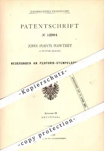 Original Patent - John Purvis Hawtrey in Slough , England , 1880 , Stamp apparatus !!!