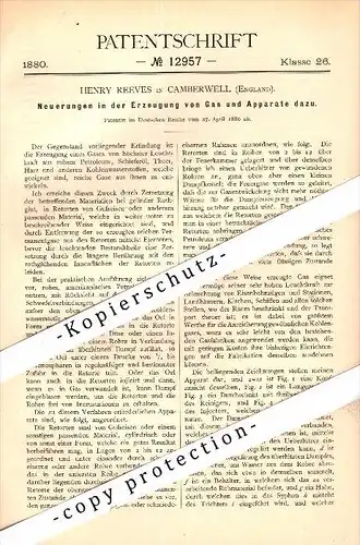 Original Patent - Henry Reeves in Camberwell , London , 1880 , Preparation of Gas !!!