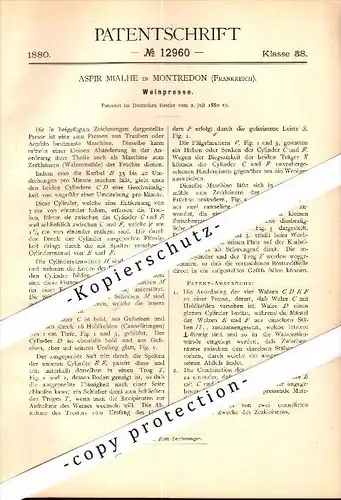 Original Patent - Aspir Mialhe à Montredon , 1880 , pressoir , Vin , Vino !!!