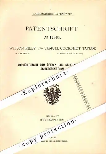 Original Patent - S. Taylor and W. Riley in Morecambe and Keighley , 1880 ,apparatus for opening and closing windows !!!