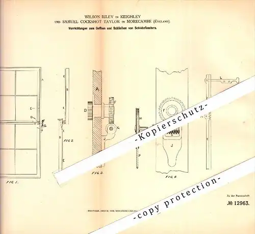 Original Patent - S. Taylor and W. Riley in Morecambe and Keighley , 1880 ,apparatus for opening and closing windows !!!