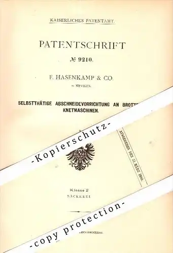 Original Patent - F. Hasenkamp & Co. in Neviges b. Velbert , 1879 , Brotteig-Knetmaschine , Bäckerei , Bäcker !!!