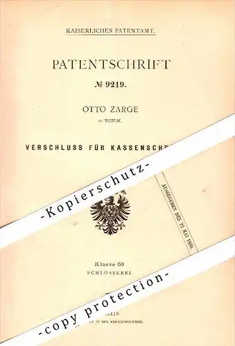 Original Patent - Otto Zarge in Egeln , 1879 , Kassenschrank-Verschluss , Tresor , Sparkasse , Panzerschrank !!!