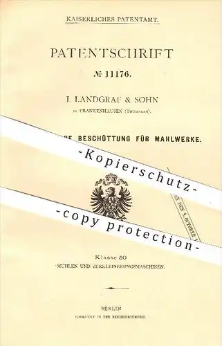 original Patent - J. Landgraf & Sohn in Frankenhausen , 1880 , Beschüttung für Mahlwerke , Mühle , Mühlen , Mahlen !!!