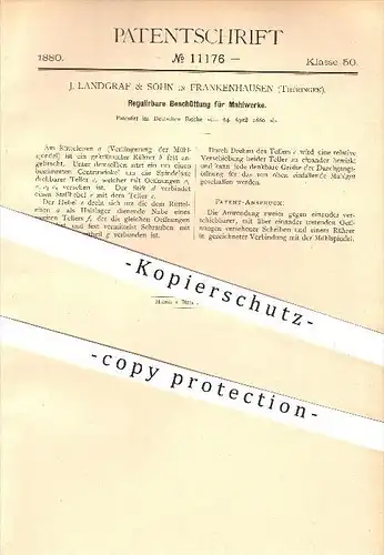 original Patent - J. Landgraf & Sohn in Frankenhausen , 1880 , Beschüttung für Mahlwerke , Mühle , Mühlen , Mahlen !!!