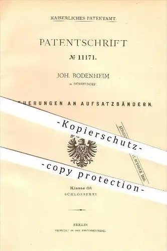 original Patent - Joh. Bodenheim in Düsseldorf , 1880 , Aufsatzbänder , Türbänder , Tür , Scharniere , Schlosserei !!!