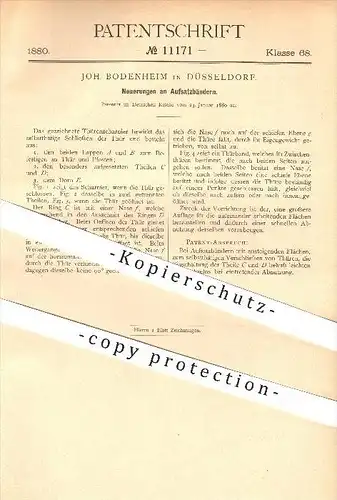 original Patent - Joh. Bodenheim in Düsseldorf , 1880 , Aufsatzbänder , Türbänder , Tür , Scharniere , Schlosserei !!!