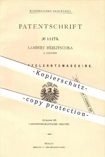 original Patent - Lambert Herlitschka in Bautzen , 1880 , Kartoffelerntemaschine , Kartoffeln , Ernte , Landwirtschaft