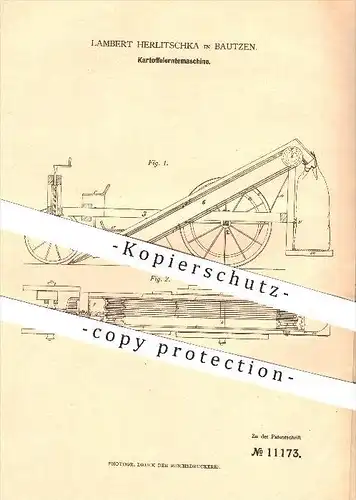 original Patent - Lambert Herlitschka in Bautzen , 1880 , Kartoffelerntemaschine , Kartoffeln , Ernte , Landwirtschaft