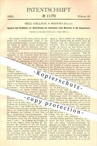 original Patent - Fritz Stellwag , Herborn , Nassau , 1880, Rückführung des Abdampfes in den Dampfkessel , Dampfmaschine