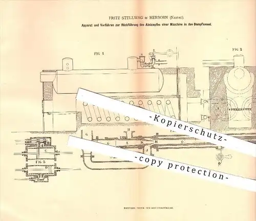 original Patent - Fritz Stellwag , Herborn , Nassau , 1880, Rückführung des Abdampfes in den Dampfkessel , Dampfmaschine