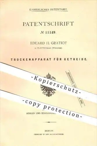 original Patent - Eduard H. Gratiot in Platteville , Wisconsin , 1880 , Trockenapparat für Getreide , Mühle , Mühlen !!