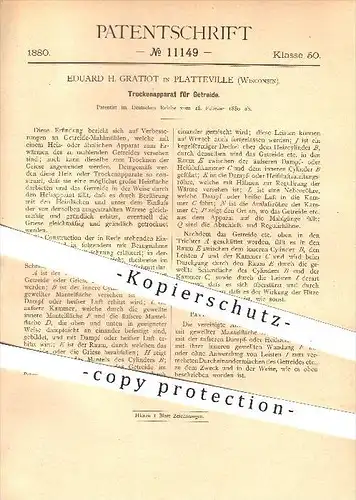 original Patent - Eduard H. Gratiot in Platteville , Wisconsin , 1880 , Trockenapparat für Getreide , Mühle , Mühlen !!