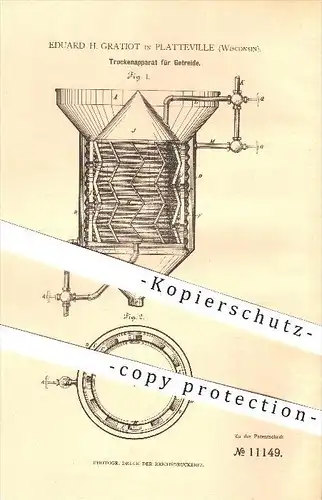 original Patent - Eduard H. Gratiot in Platteville , Wisconsin , 1880 , Trockenapparat für Getreide , Mühle , Mühlen !!