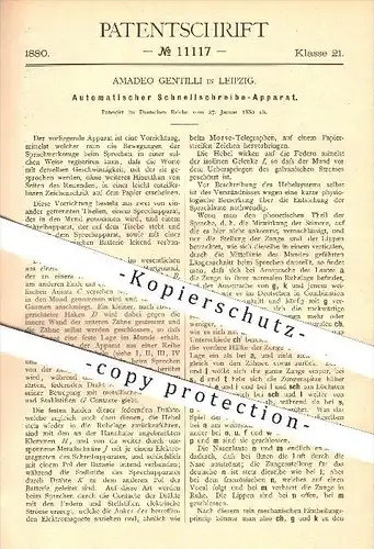 original Patent - Amadeo Gentilli in Leipzig , 1880 , Automatischer Schnellschreibe-Apparat , Schreiben , Sprechapparat