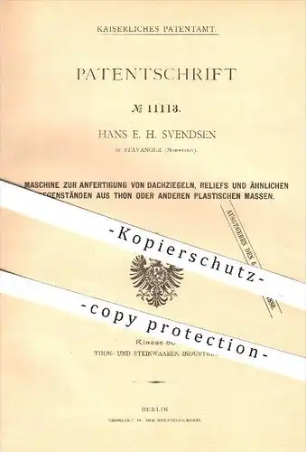 original Patent - Hans E. H. Svendsen in Stavanger , Norwegen , 1880 , Anfertigung von Dachziegeln , Dach , Dachdecker