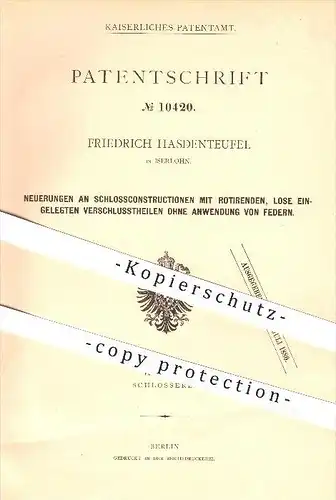 original Patent - Friedrich Hasdenteufel , Iserlohn , 1879, Schlosskonstruktion ohne Federn , Schloss , Türschloss , Tür