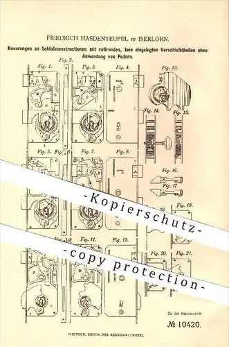 original Patent - Friedrich Hasdenteufel , Iserlohn , 1879, Schlosskonstruktion ohne Federn , Schloss , Türschloss , Tür