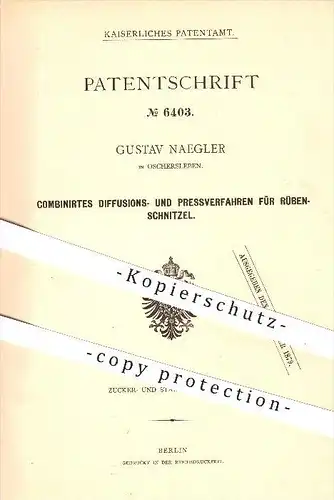original Patent - Gustav Naegler in Oschersleben , 1877 , Diffusions- u. Pressverfahren für Rüben , Zuckerrüben , Zucker