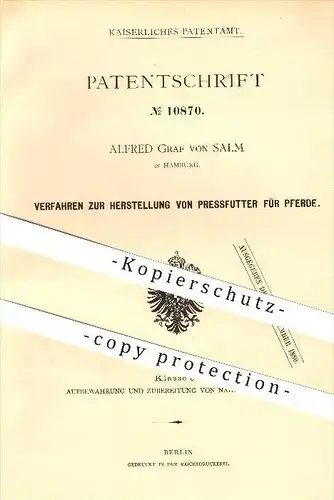 original Patent - Alfred Graf von Salm , Hamburg , 1879 , Herstellung von Futter für Pferde , Pferd , Tierfutter , Tiere