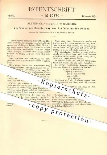 original Patent - Alfred Graf von Salm , Hamburg , 1879 , Herstellung von Futter für Pferde , Pferd , Tierfutter , Tiere