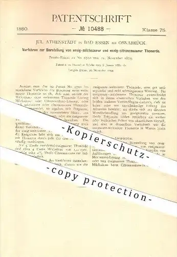 original Patent - Jul. Athenstädt in Bad Essen bei Osnabrück , 1880 , Darstellung von essig - saurer Tonerde , Chemie !