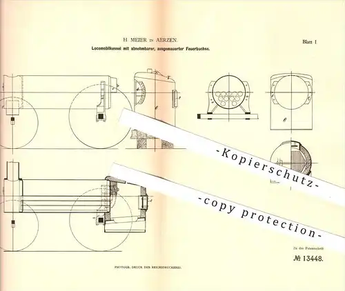 original Patent - H. Meier in Aerzen , 1880 , Lokomobilkessel mit abnehmbarer Feuerbuchse , Dampfkessel , Kessel !!!