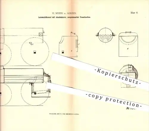 original Patent - H. Meier in Aerzen , 1880 , Lokomobilkessel mit abnehmbarer Feuerbuchse , Dampfkessel , Kessel !!!