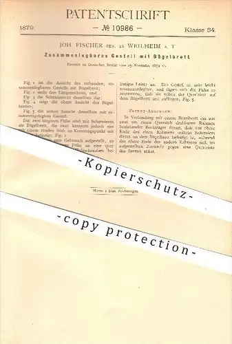 original Patent - Joh. Fischer in Weilheim a. T. , 1879 , Zusammenlegbares Bügelbrett , Bügeln , Bügeleisen , Haushalt !