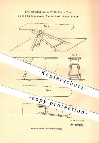 original Patent - Joh. Fischer in Weilheim a. T. , 1879 , Zusammenlegbares Bügelbrett , Bügeln , Bügeleisen , Haushalt !