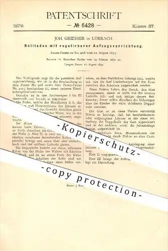 original Patent - Johann Griesser in Lörrach , 1879 , Rollladen mit regulierbarem Aufzug , Jalousie , Fenster !!!