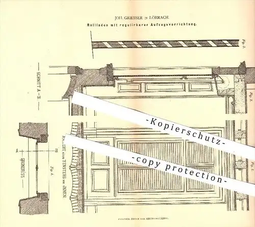 original Patent - Johann Griesser in Lörrach , 1879 , Rollladen mit regulierbarem Aufzug , Jalousie , Fenster !!!