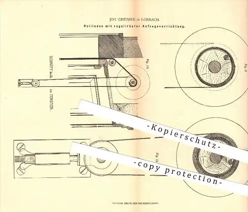 original Patent - Johann Griesser in Lörrach , 1879 , Rollladen mit regulierbarem Aufzug , Jalousie , Fenster !!!